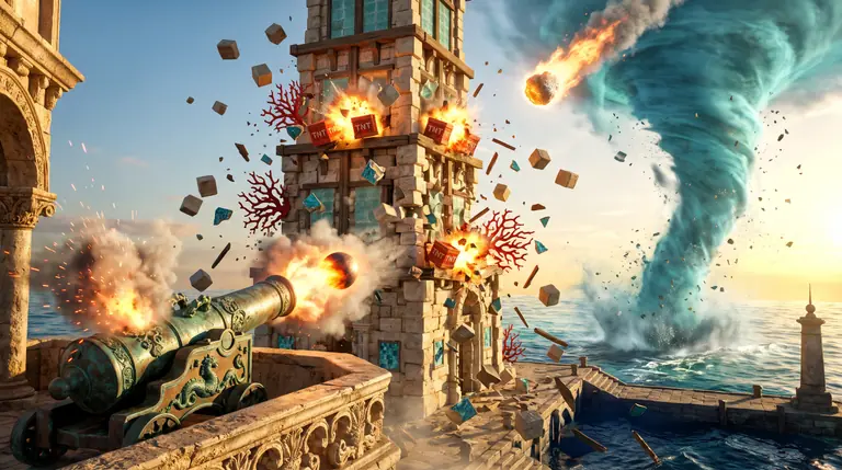 Torre multipiano di blocchi di pietra, vetro e casse di TNT su un molo soleggiato nell'istante in cui un cannone di bronzo e una tromba marina la fanno crollare.