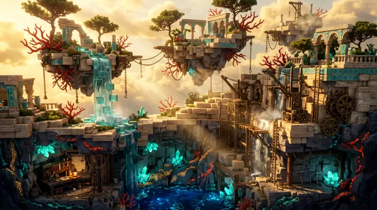 Diorama verticale a blocchi che unisce isole fluttuanti soleggiate con una cascata a una caverna sotterranea ricca di cristalli turchesi e vene minerarie.