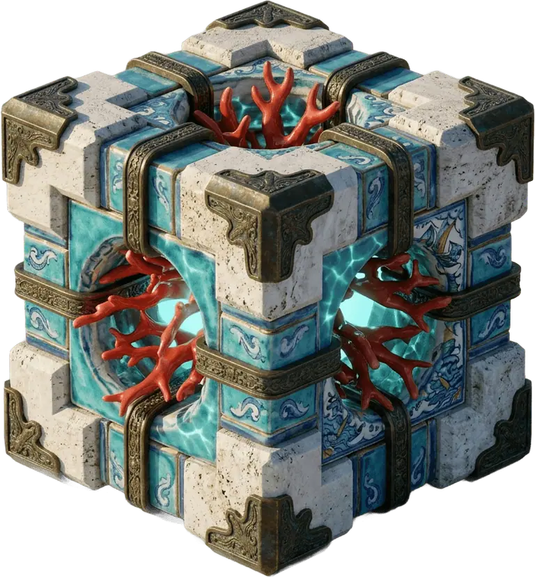 Cubo maestro di chiave di volta realizzato in travertino smussato, maiolica turchese, angolari in bronzo e nucleo luminoso di corallo rosso.